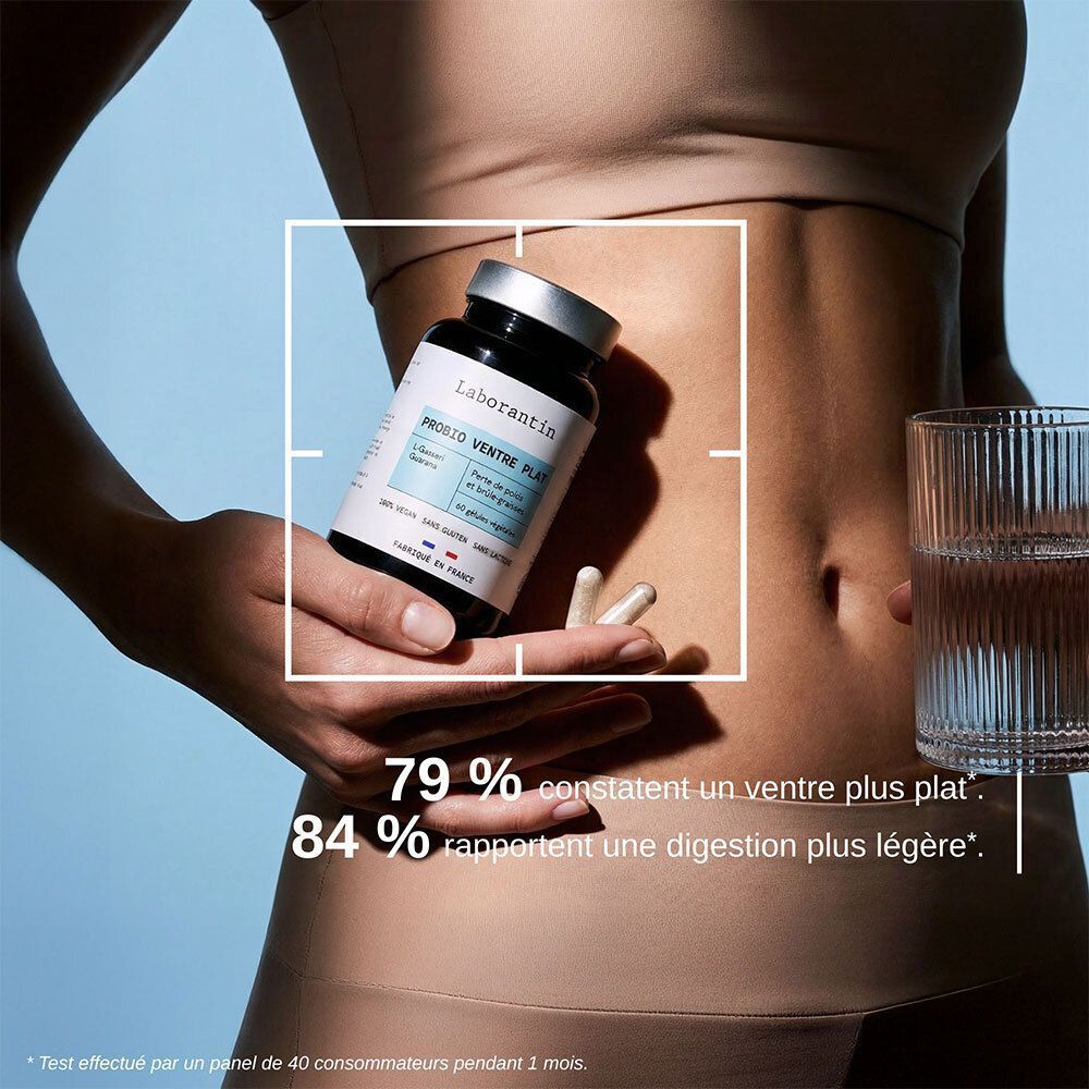 Une personne tient un flacon Laborantin Probio Ventre Plat. Texte: 79 % constatent un ventre plus plat. 84 % rapportent une digestion plus légère.