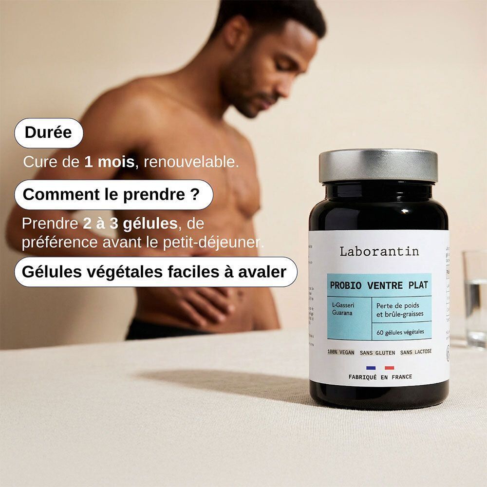 Homme torse nu à côté d'un flacon Laborantin Probio Ventre Plat. Texte: Cure de 1 mois, renouvelable. Prendre 2 à 3 gélules.