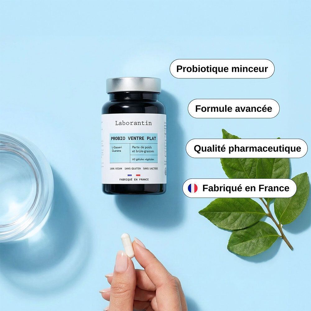 Flacon Laborantin Probio Ventre Plat. Texte: Probiotique minceur, Formule avancée, Qualité pharmaceutique. Fabriqué en France.