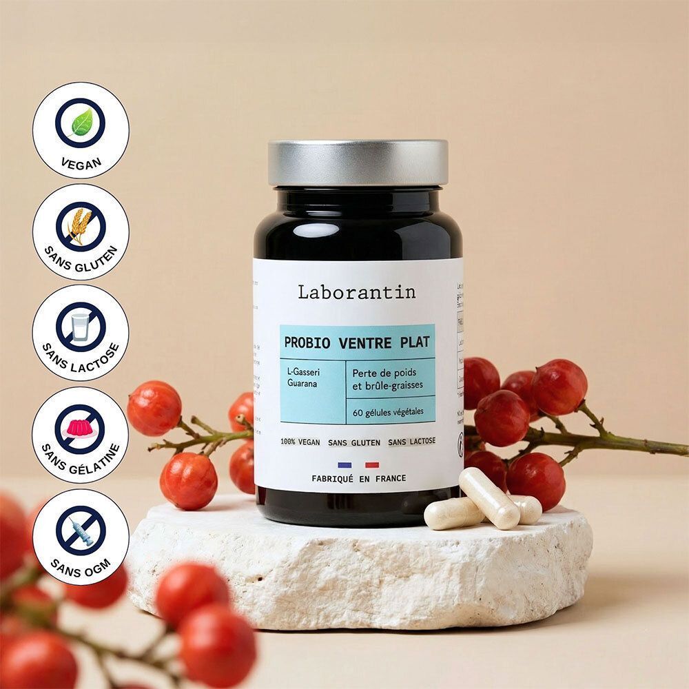 Flacon Laborantin Probio Ventre Plat. Symboles: Vegan, Sans gluten, Sans lactose, Sans gélatine, Sans OGM. Sur des baies.