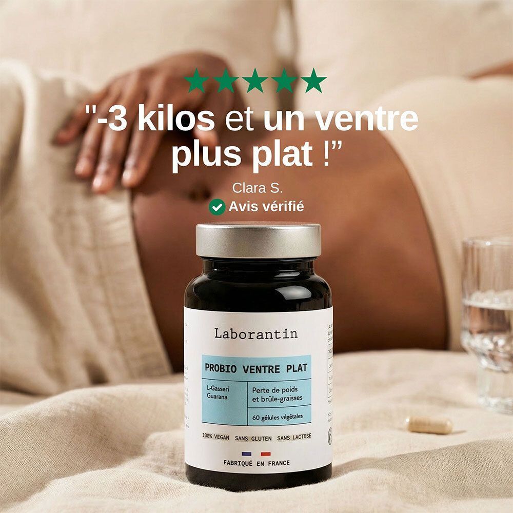 Flacon Laborantin Probio Ventre Plat devant une femme enceinte. Texte: -3 kilos et un ventre plus plat !