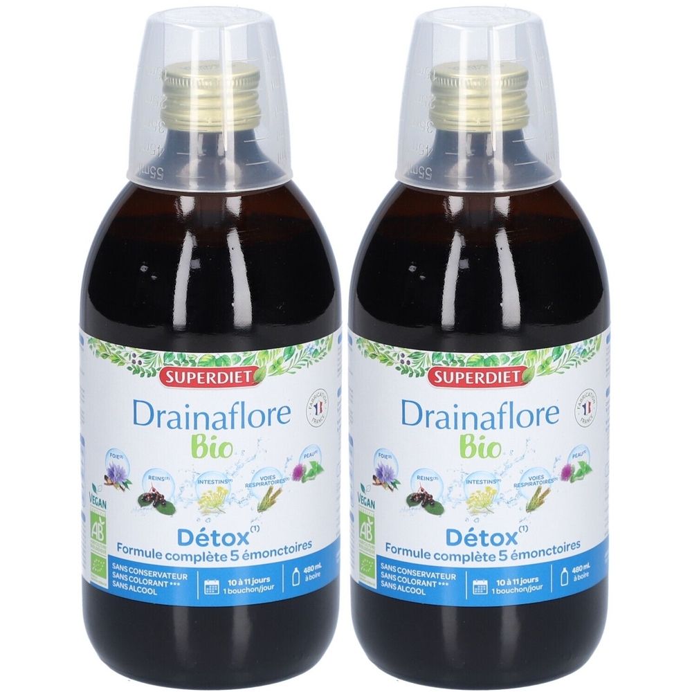 Deux bouteilles de liquide brun. Étiquette "Drainaflore Bio Détox" et "SUPERDIET". Avec bouchon doseur transparent.