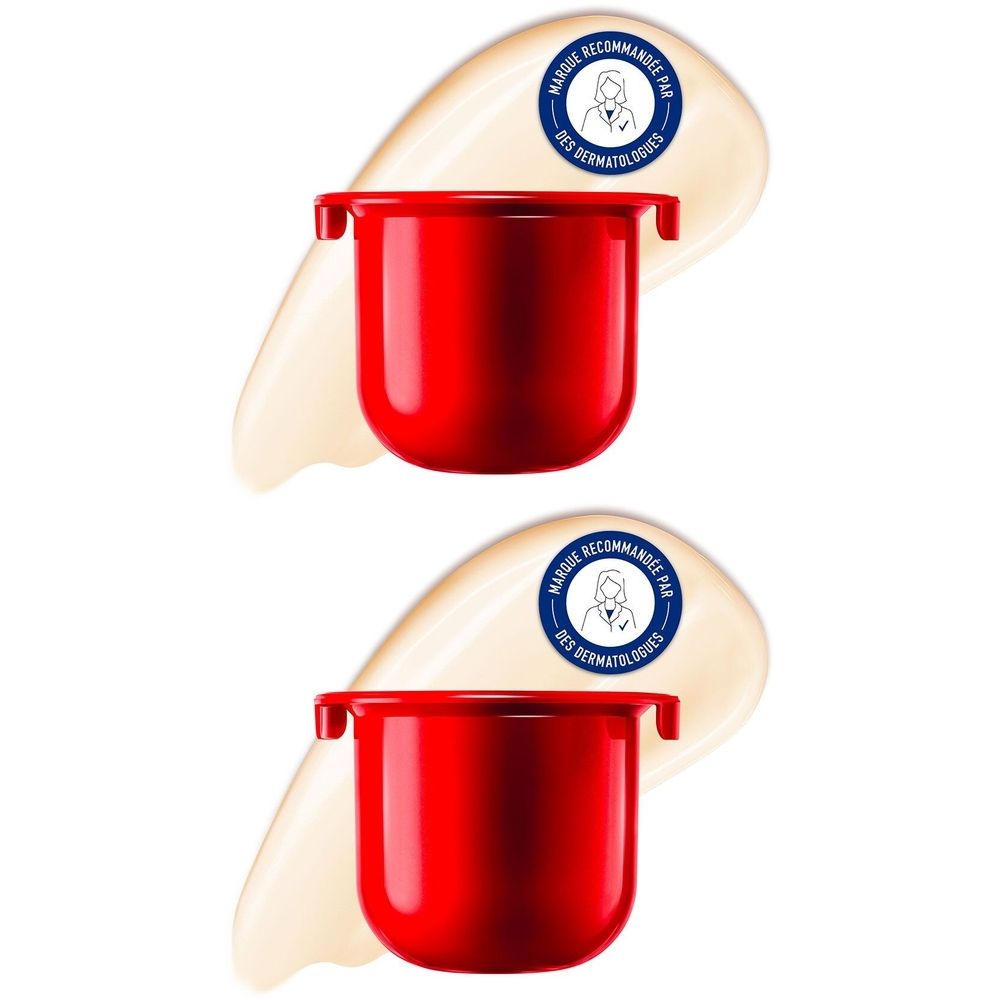 Deux pots rouges avec une trace de crème et un sceau rond. Sceau avec texte: MARQUE RECOMMANDEE PAR DES DERMATOLOGUES.