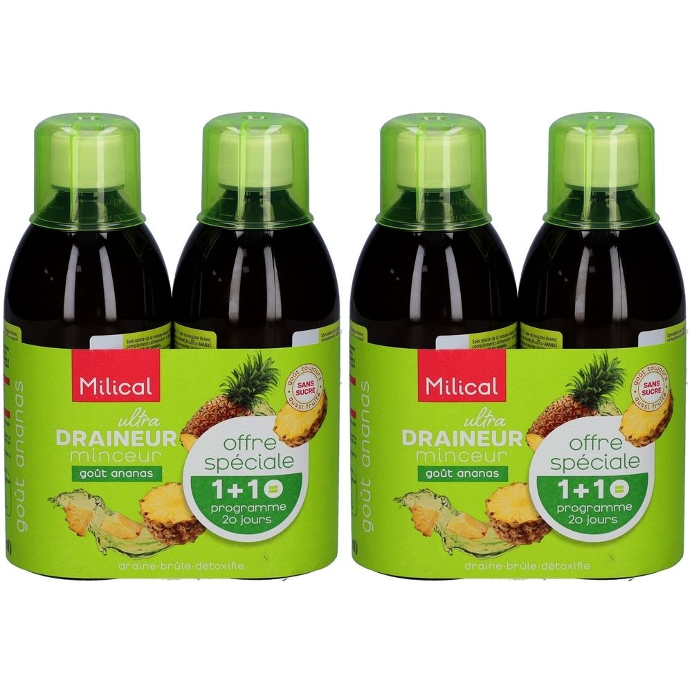 Quatre bouteilles avec bouchons verts et étiquettes. Les étiquettes indiquent "Milical", "DRAINEUR minceur", goût ananas et "offre spéciale 1+10".
