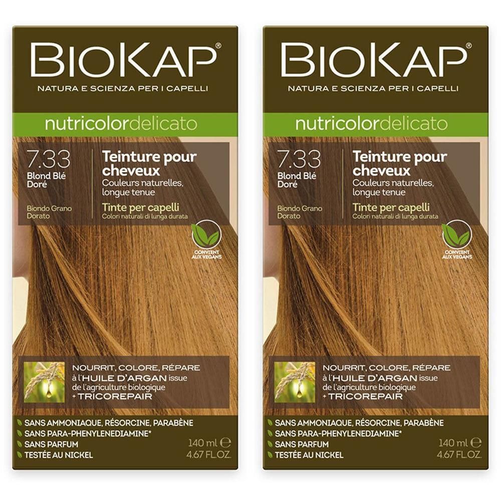 BIOKAP Nutricolor Delicato 7.33 Blond Blé Doré. Boîte avec visuel produit et texte descriptif.