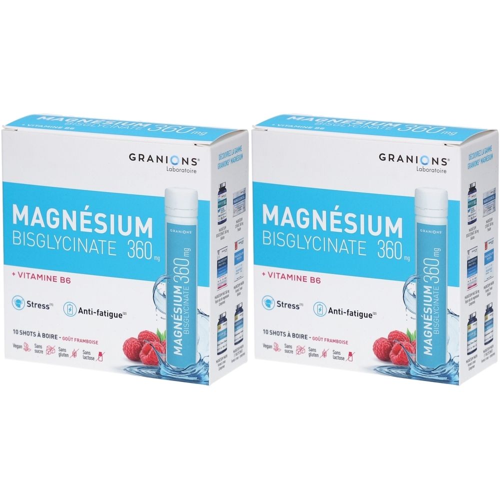 Deux boîtes de produit. Inscription: Magnésium Bisglycinate 360. Contient de la vitamine B6. Marque: Granions.