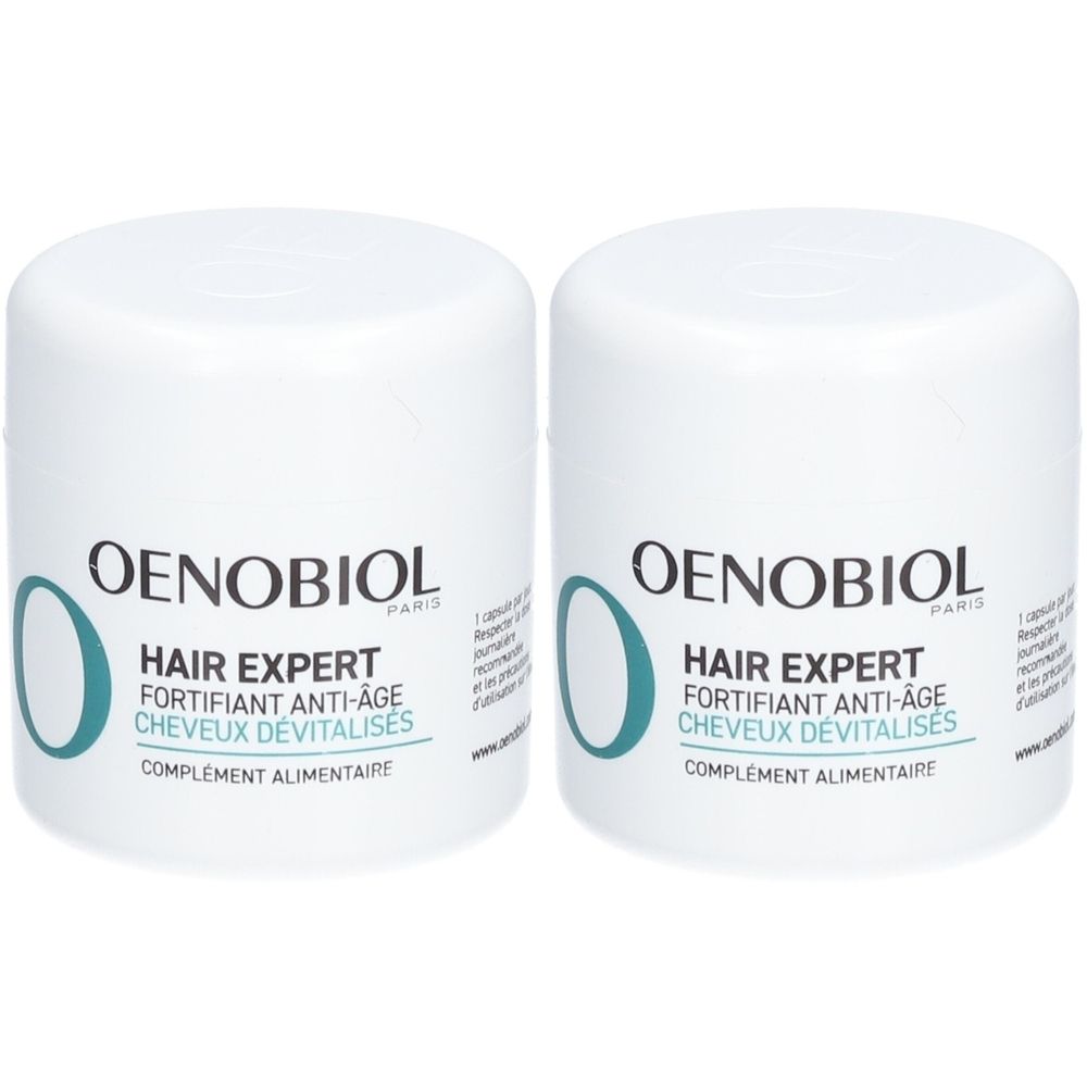 Deux pots blancs OENOBIOL HAIR EXPERT. Texte: Fortifiant Anti-Âge, Cheveux Dévitalisés, Complément Alimentaire. Logo ovale bleu.