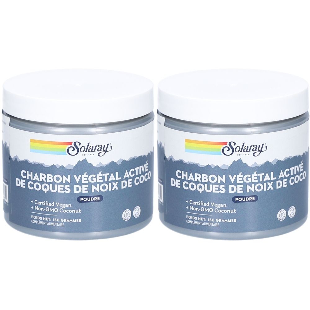 Deux pots de Solaray Charbon Végétal Active. Étiquettes bleues, couvercles blancs. Texte: Charbon Végétal Active de Coques de Noix de Coco, Poudre.