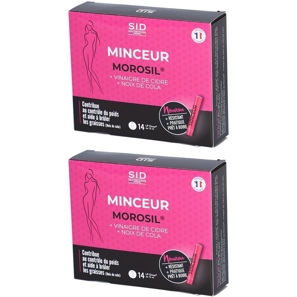 Deux boîtes roses avec MINCEUR MOROSIL. Contient 14 portions. Logo SID Nutrition. Avec signe de certification.