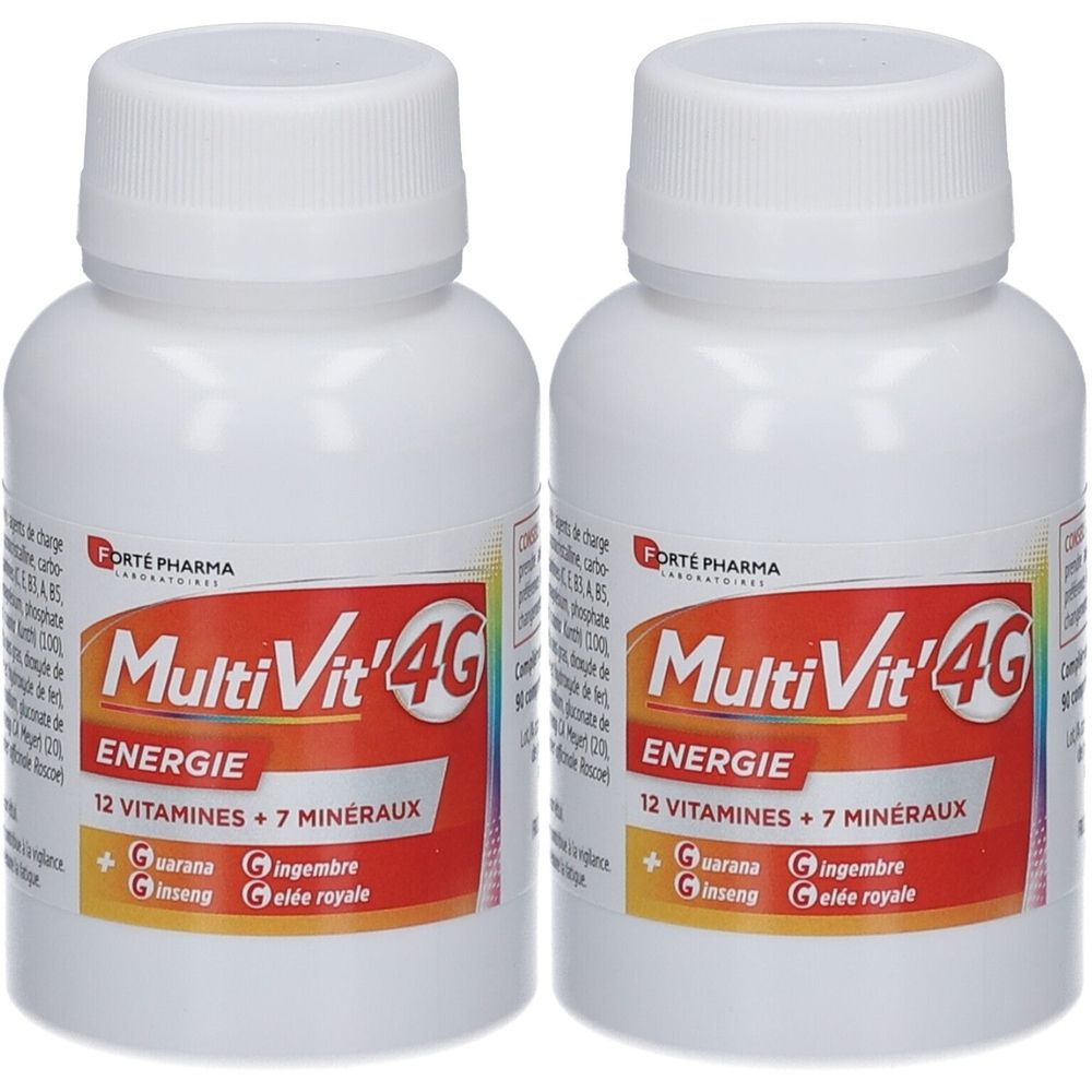 Deux flacons blancs avec étiquettes. Les étiquettes indiquent "Multi Vit'4G Energie" et "12 Vitamines + 7 Minéraux".