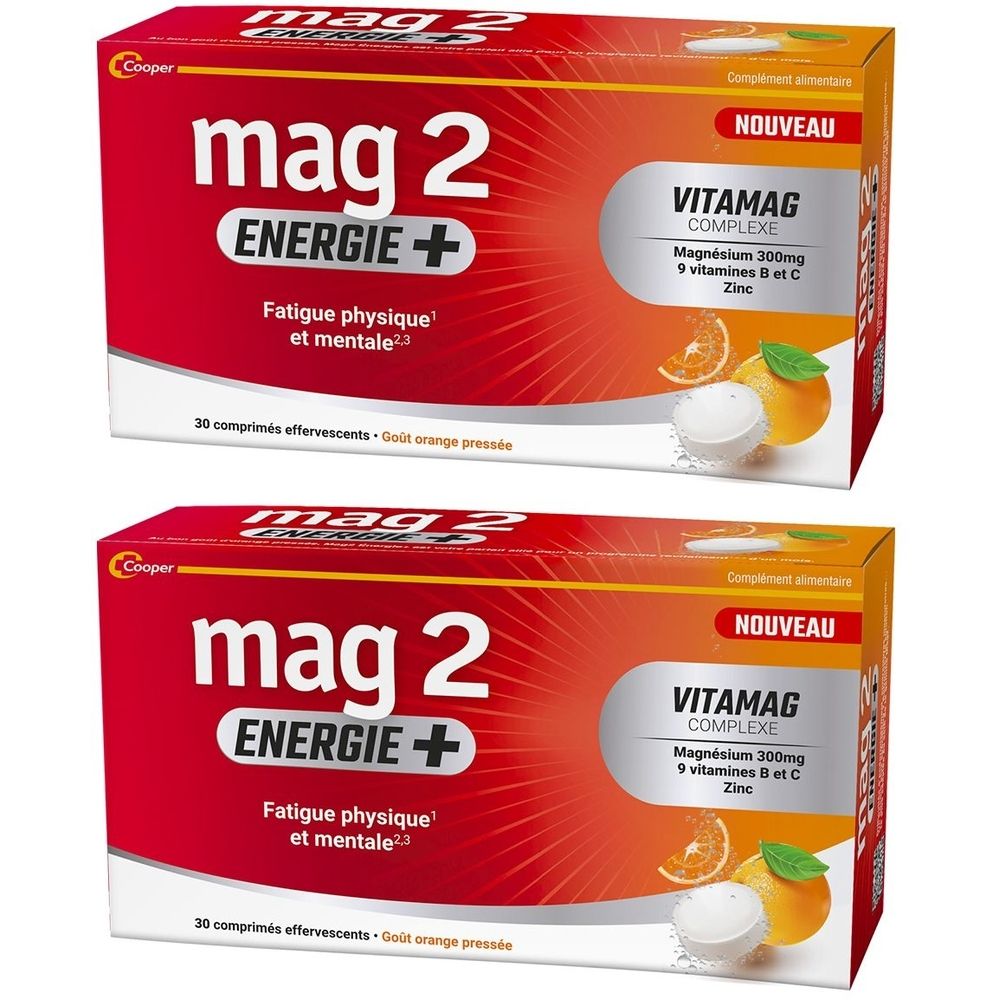 Deux boîtes de "mag 2 ENERGIE+". Emballage rouge avec texte blanc. Contient "VITAMAG COMPLEXE" avec magnésium, vitamines et zinc. 30 comprimés effervescents.