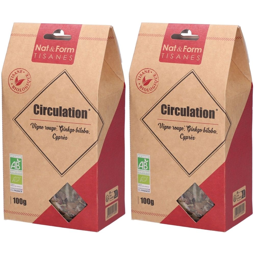 Deux sachets "Circulation" de Nat & Form. Contiennent 100g. Label AB. Ingrédients: Vigne rouge, Ginkgo biloba, Cyprès.