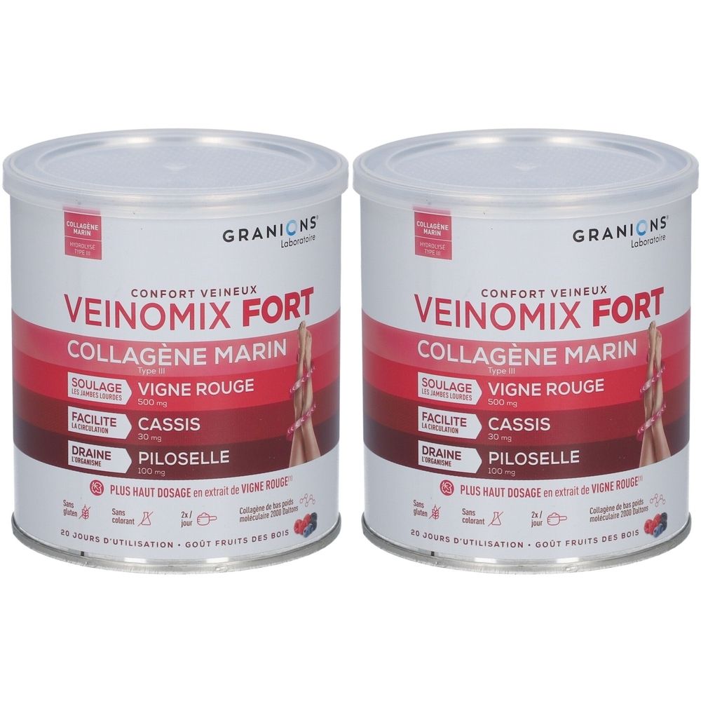 Deux boîtes de GRANIONS VEINOMIX FORT. Boîtes blanches avec texte rouge et blanc. Contient Collagène Marin, Vigne Rouge, Cassis et Pilosele.