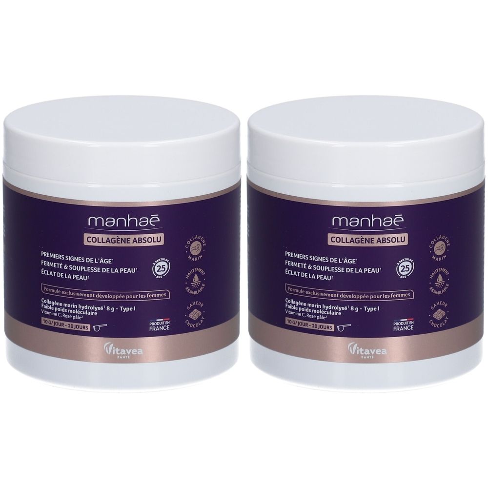Deux pots blancs avec étiquettes violettes. Inscription: Manhaé Collagène Absolu. Texte: Fermeté & souplesse de la peau, éclat de la peau. Marque Vitavea.