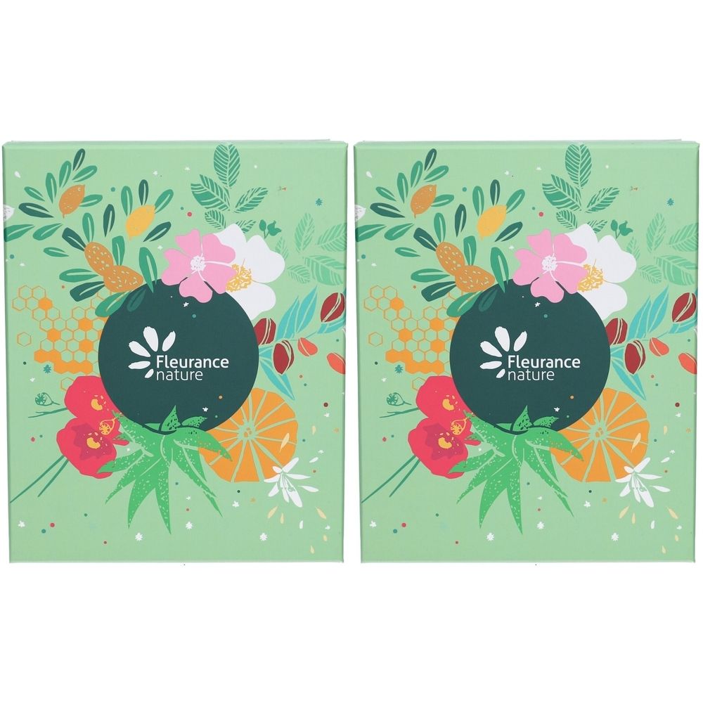 Deux boîtes carrées avec motifs floraux et logo Fleurance Nature. Vert, avec fleurs et fruits.