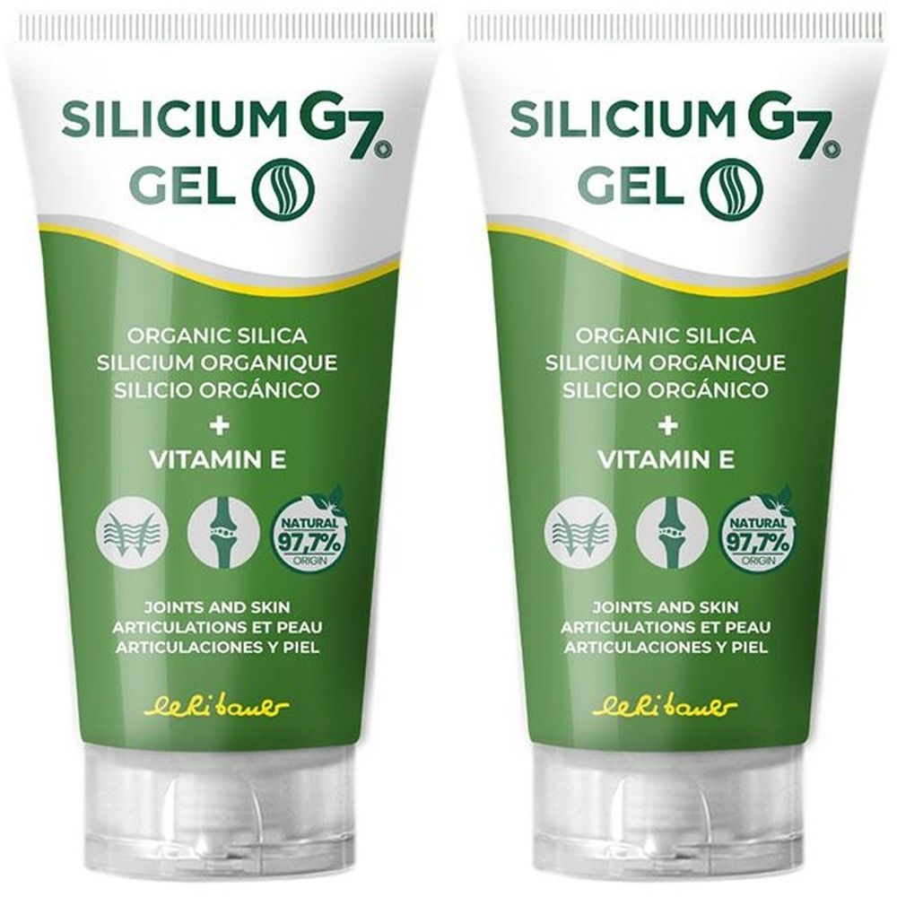 Deux tubes de Silicium G7 Gel. Emballage vert et blanc avec nom et ingrédients. Contient de la vitamine E. Origine naturelle 97,7%.