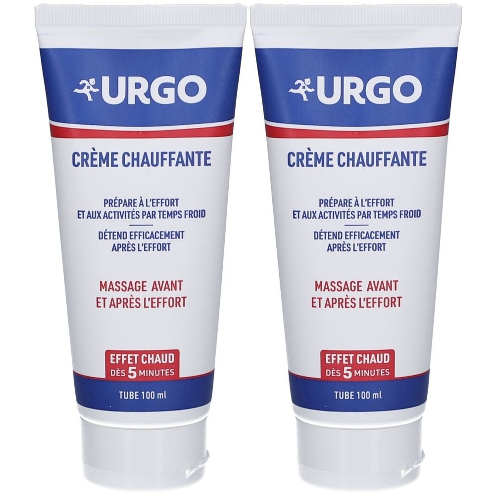 Deux tubes de URGO Crème Chauffante. Tubes blancs avec texte bleu et rouge. Inscription : Crème Chauffante, Massage, Effet Chaud, Tube 100 ml.