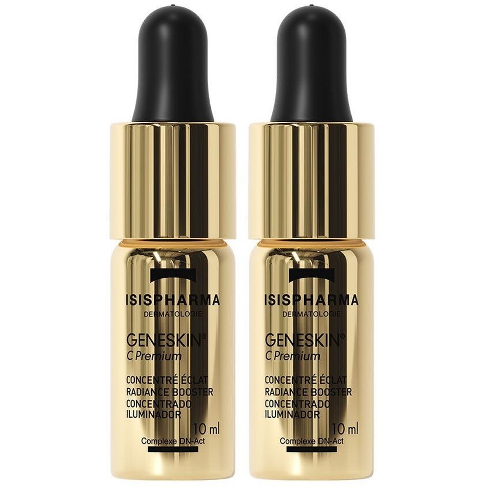 Deux flacons dorés avec compte-gouttes noirs. Inscription: ISISPHARMA, Geneskin C Premium, 10 ml.