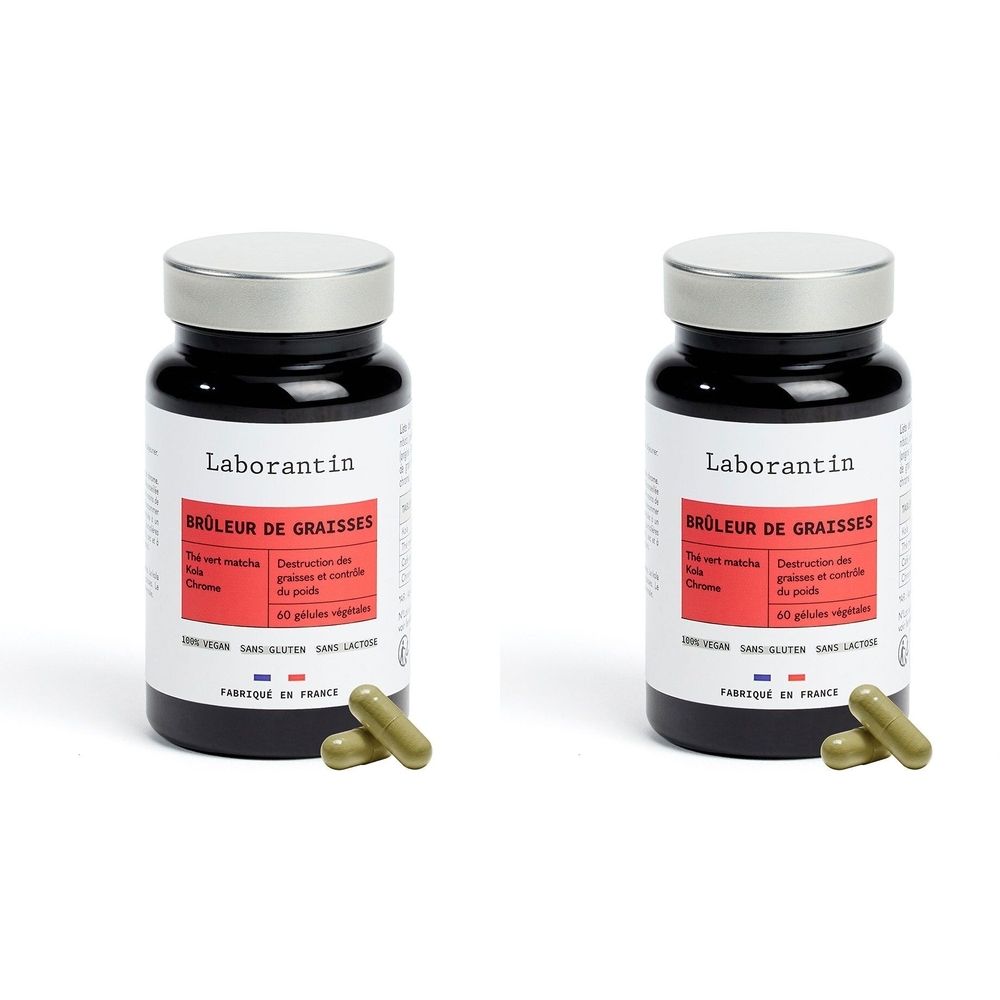 Deux flacons noirs avec couvercles argentés. Inscription: Laborantin, Brûleur de graisses. Capsules à côté.