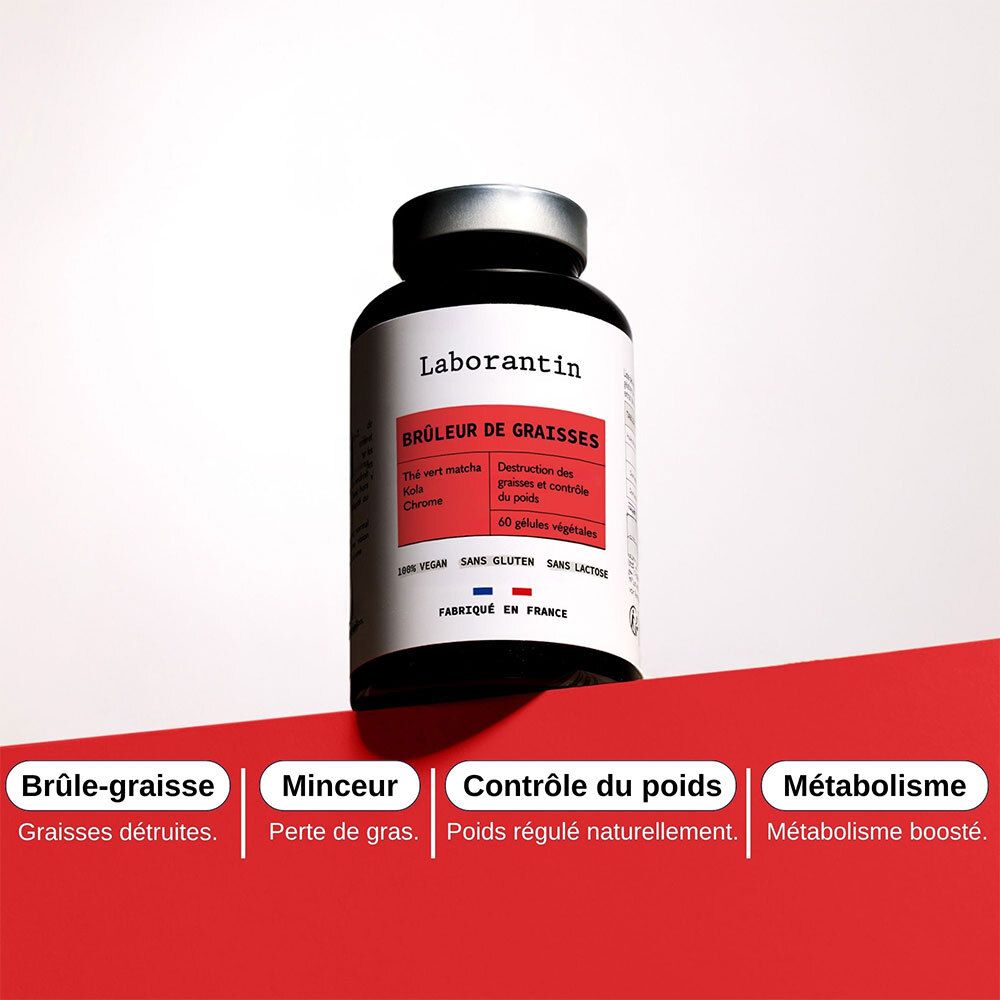 Un flacon Laborantin Brûleur de graisses sur un socle rouge avec quatre boîtes d'information : Brûle-graisse, Minceur, Contrôle du poids, Métabolisme.