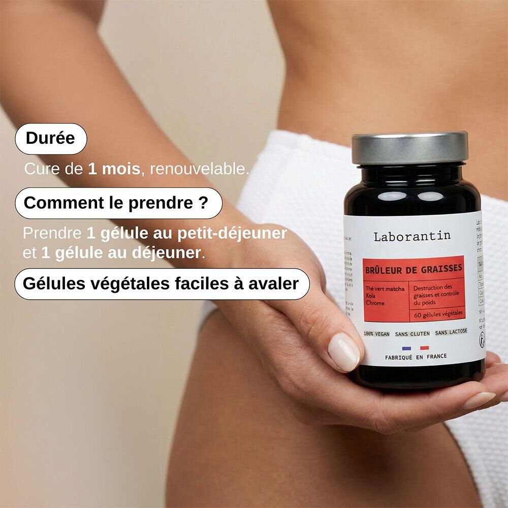Une main tenant un flacon Laborantin Brûleur de graisses. Texte expliquant la durée, la prise et les gélules végétales.