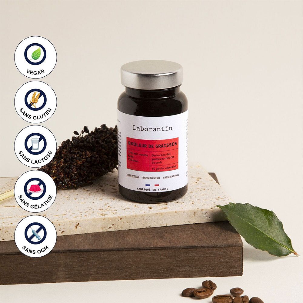 Flacon Laborantin Brûleur de graisses avec sceaux Vegan, Sans Gluten, Sans Lactose, Sans Gélatine, Sans OGM. Éléments naturels en arrière-plan.
