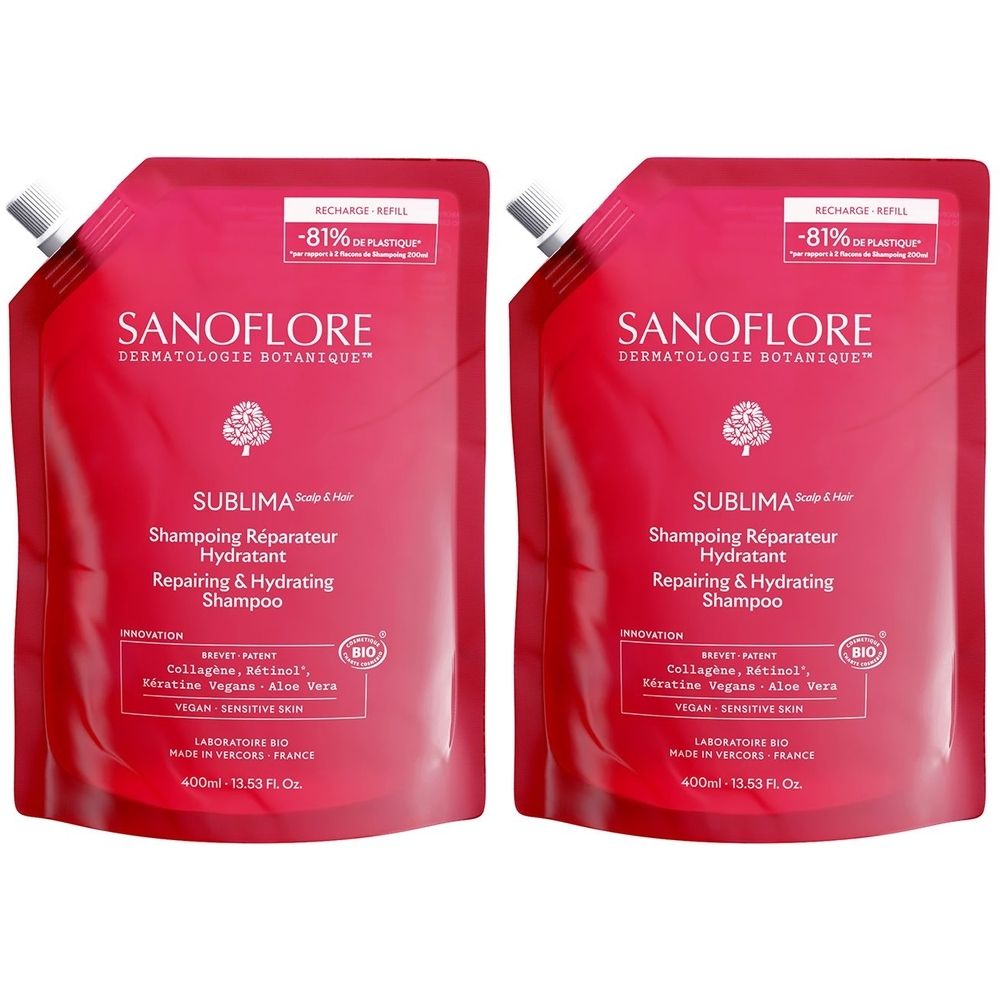 Deux recharges de shampooing SANOFLORE SUBLIMA. Emballage rouge avec texte blanc. Inscriptions : "Réparateur Hydratant" et "-81% de plastique".