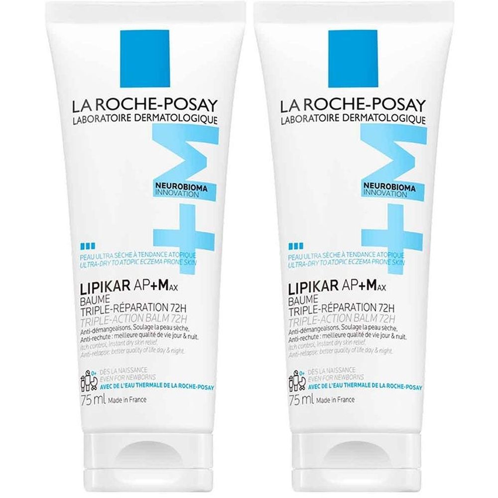 Deux tubes de Baume LA ROCHE-POSAY LIPIKAR AP+M. Tubes blancs avec texte et logo bleus. Triple-Réparation 72H.