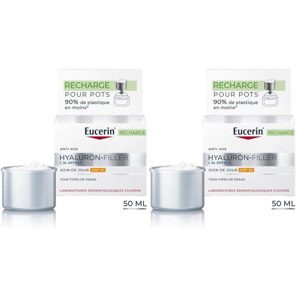 Deux pots de crème et deux boîtes. Les boîtes indiquent "Eucerin RECHARGE HYALURON-FILLER" et "50 ML".