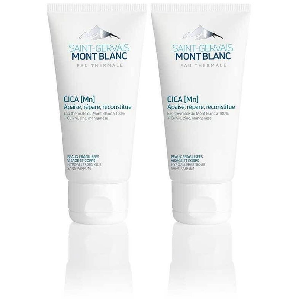 Deux tubes de crème Saint-Gervais MONT BLANC Cica [Mn]. Tubes blancs avec texte bleu et logo montagne. Texte: Apaise, répare, reconstitue.