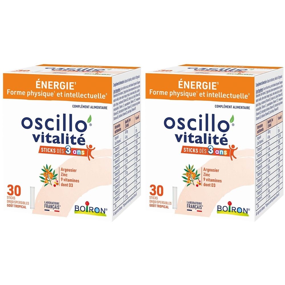 Deux boîtes de sticks "oscillo vitalité". Inscription : Énergie, Forme physique et intellectuelle. Contient 30 sticks. Marque : Boiron.