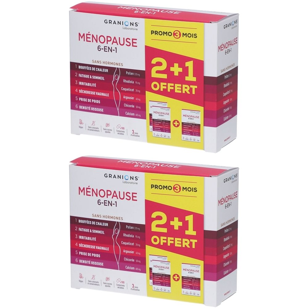 Deux boîtes de GRANIONS Ménopause 6-EN-1. Inscription : PROMO 3 MOIS, 2+1 OFFERT. Sans hormones. Ingrédients visibles sur l'emballage.