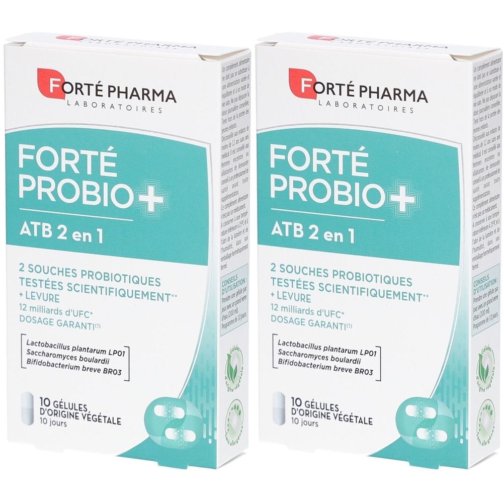 Deux boîtes blanches avec texte. FORTÉ PROBIO+ ATB 2 en 1. Contient 10 gélules d'origine végétale. Logo FORTÉ PHARMA.