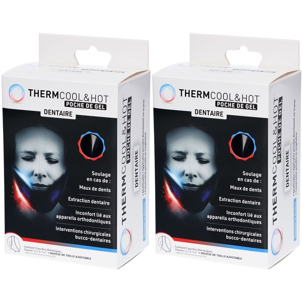 Deux boîtes "THERMCOOL & HOT POCHE DE GEL DENTAIRE". Visage avec zones bleues/rouges. Texte: Maux de dents, Extraction dentaire, Inconfort.