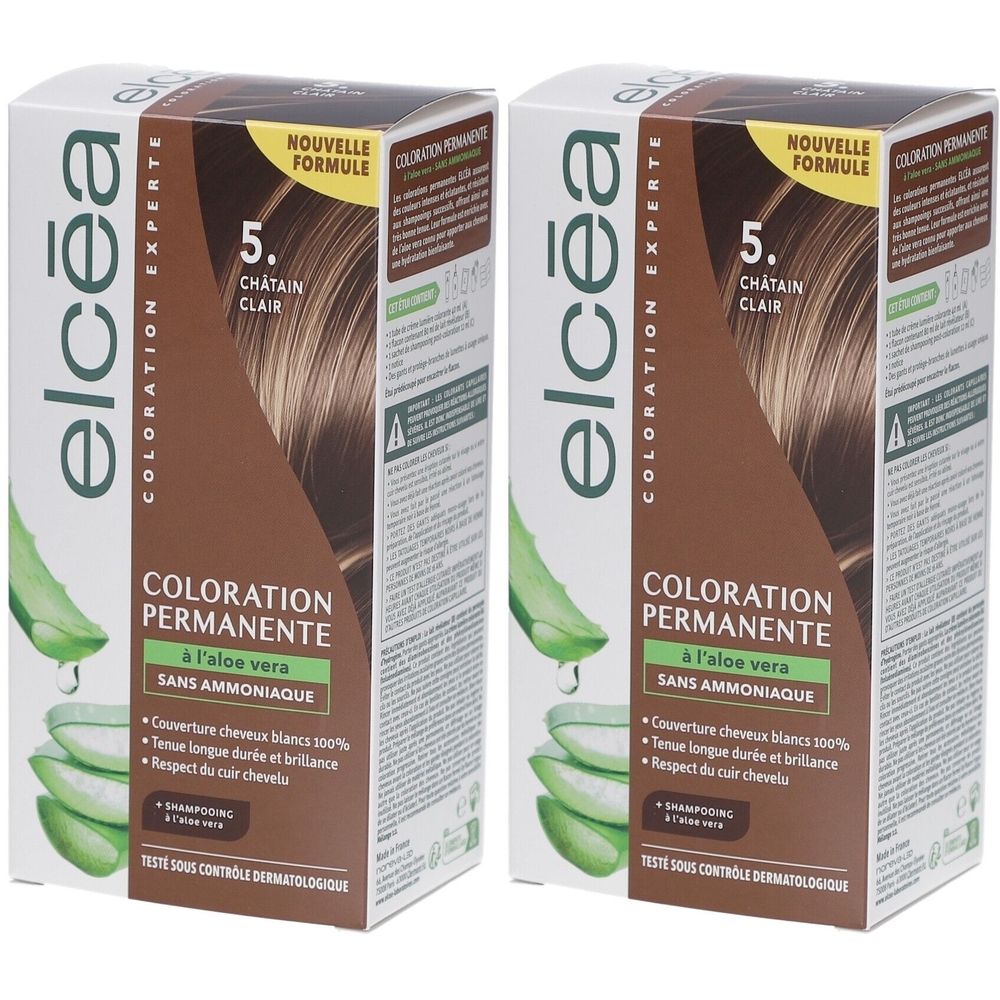 Deux boîtes de coloration permanente Elcea. Inscription : 5. Châtain Clair. À l'aloe vera. Sans ammoniaque. Testé dermatologiquement.