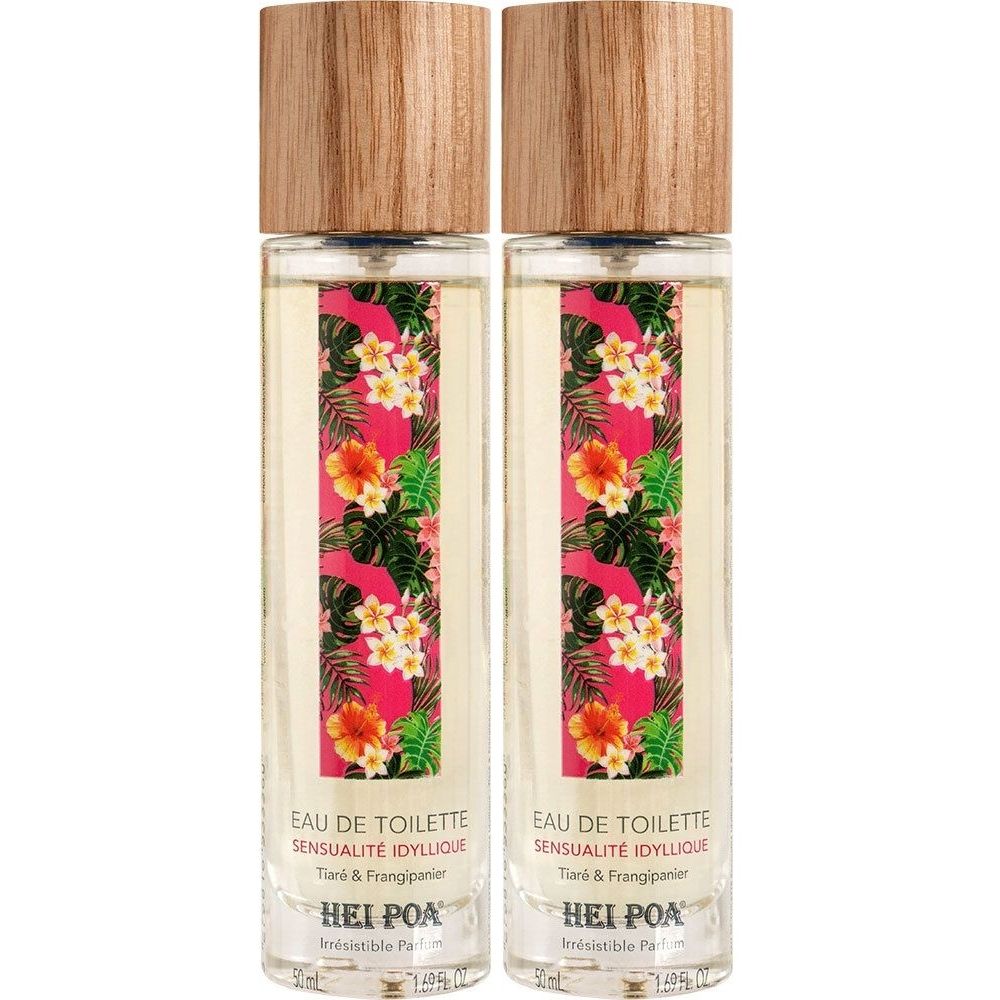 Deux flacons de parfum avec bouchons en bois. Motif floral et texte: EAU DE TOILETTE, SENSUALITÉ IDYLLIQUE, HEI POA.