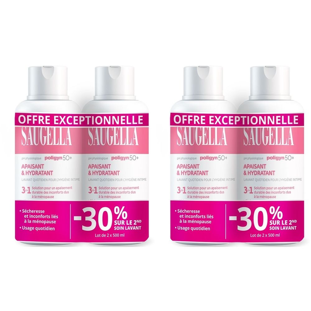 Quatre flacons SAUGELLA Poligyn 50+ avec bouchon blanc et étiquette rose. Texte : « APAISANT & HYDRATANT », « -30% ». Lot de 2 x 500 ml.