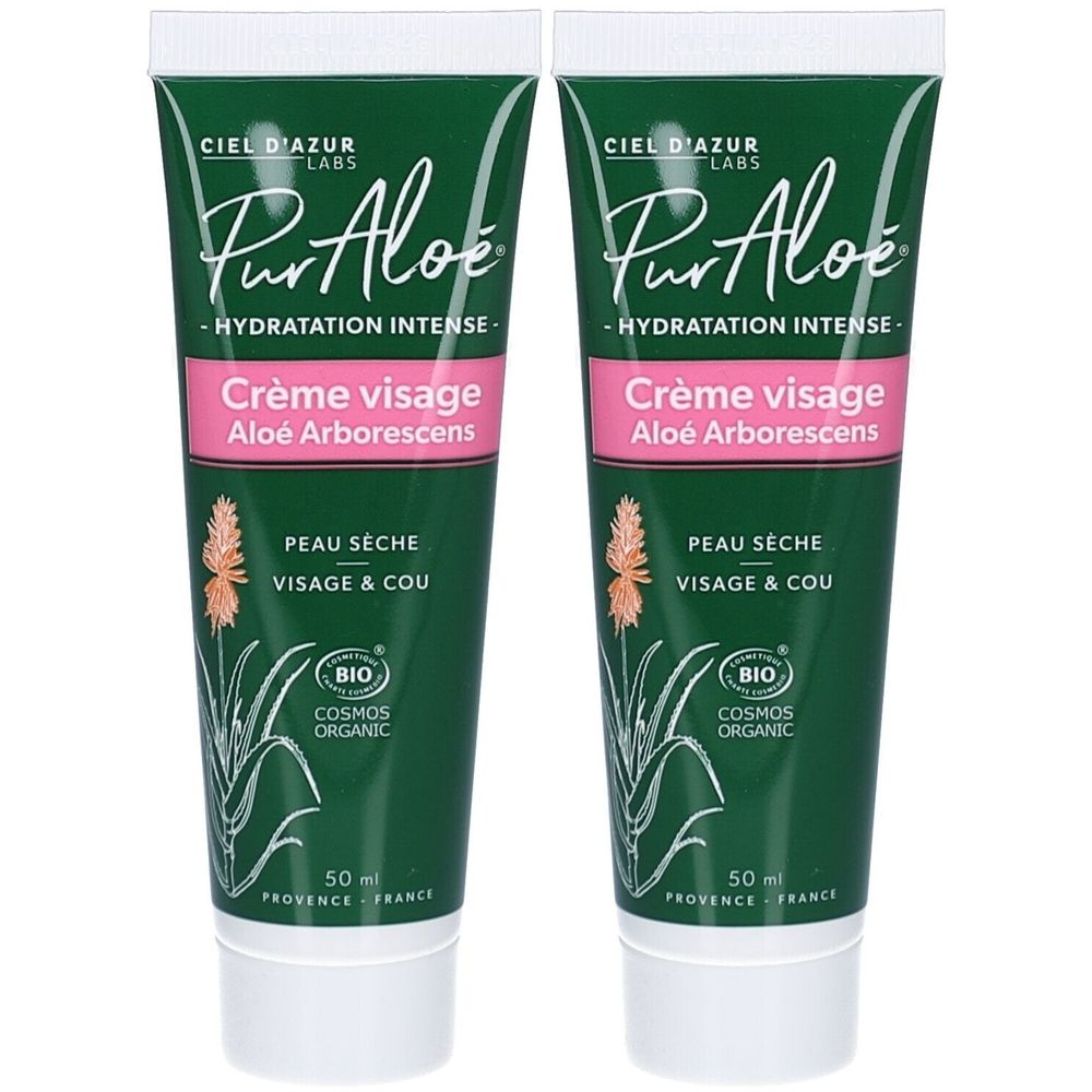 Deux tubes de CIEL D'AZUR Pur Aloé Crème Visage. Vert et blanc, bande rose. Texte: Pur Aloé, Crème visage, BIO COSMOS ORGANIC.