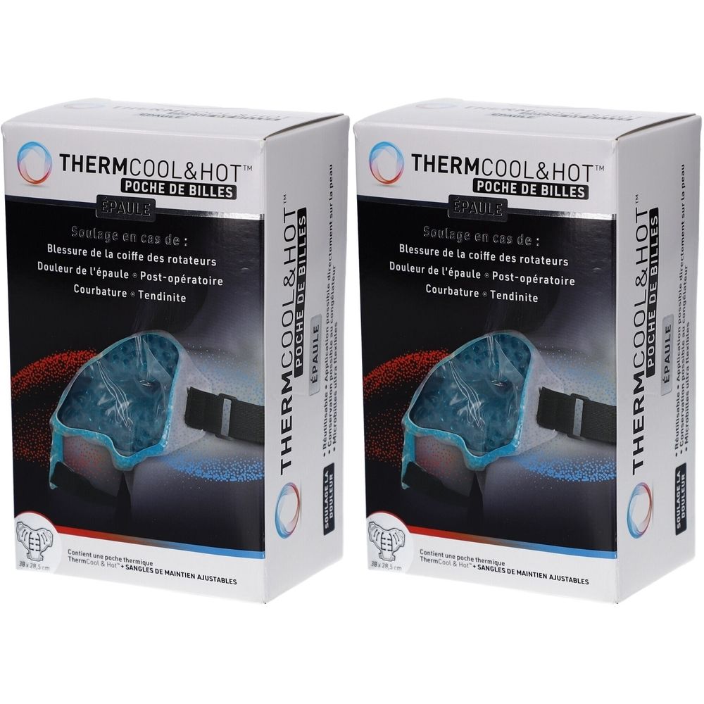 Deux boîtes rectangulaires. Inscription: THERMCOOL&HOT, POCHE DE BILLES, EPAULE. Illustration d'un produit pour l'épaule.