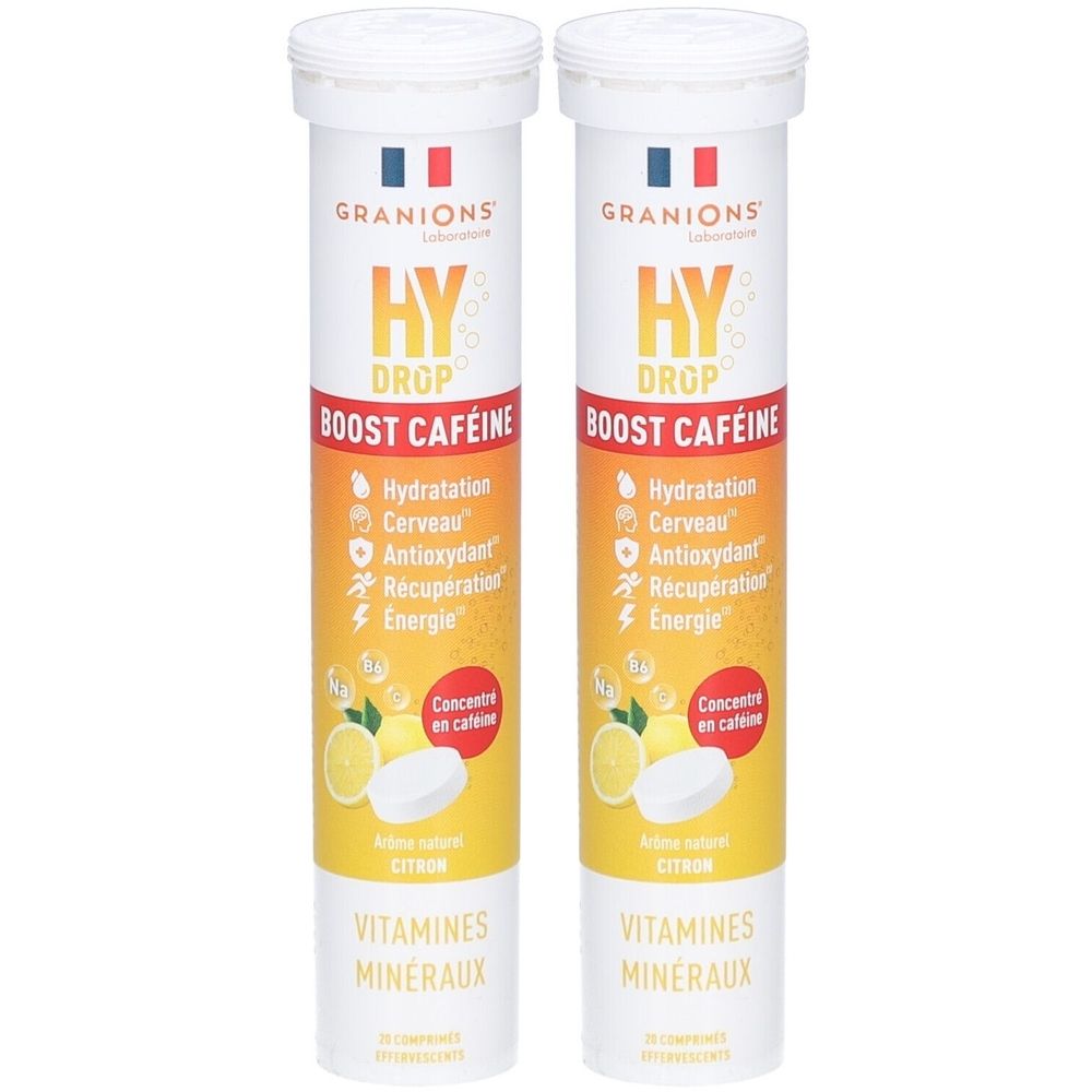 Deux tubes cylindriques. Inscription: HY DROP BOOST CAFÉINE. Contient vitamines et minéraux. Saveur citron. Marque GRANIONS.