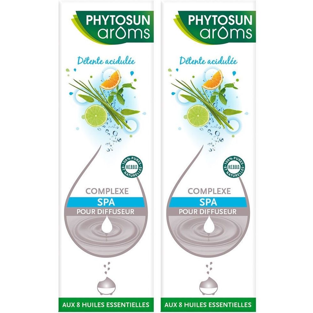 Deux flacons Phytosun Arôms. Inscription: Complexe Spa pour diffuseur. Illustrations de fruits et herbes.