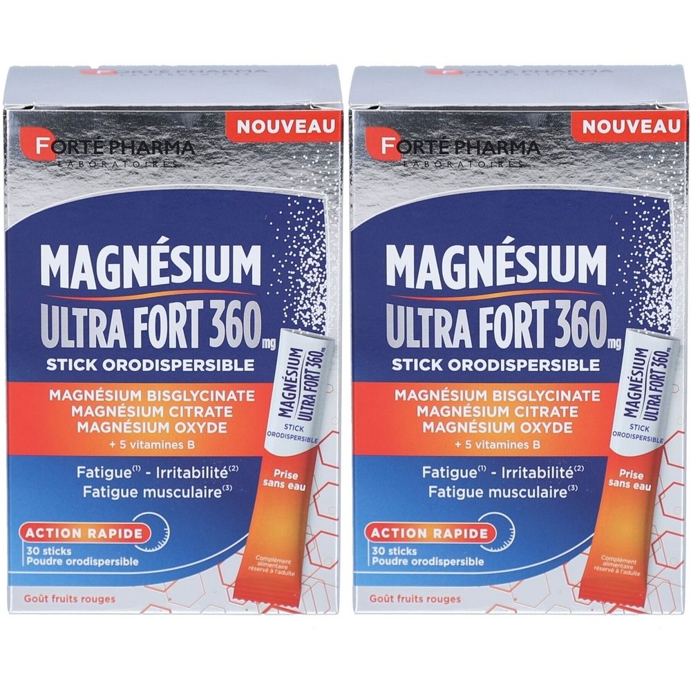 Deux boîtes de Forte Pharma Magnésium Ultra Fort 360. Inscription: Stick Orodispersible. Contient 30 sticks. Goût fruits rouges.