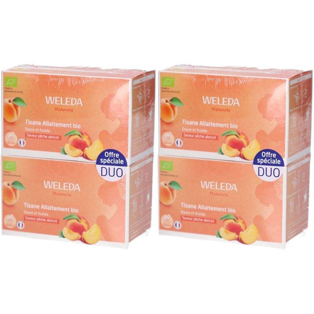 Deux boîtes de thé WELEDA. Inscription: Tisane Allaitement bio, offre Duo. Illustration: pêche et abricot. Certification bio.