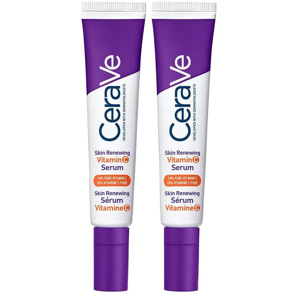 Deux tubes de sérum CeraVe Skin Renewing Vitamin C. Emballage violet et blanc avec informations.