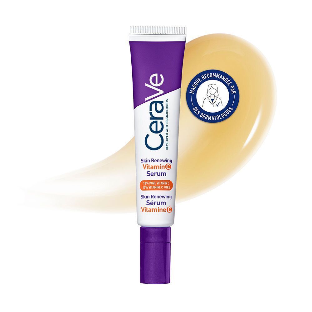 Tube de sérum CeraVe Skin Renewing Vitamin C avec goutte de sérum jaune. Logo et infos.