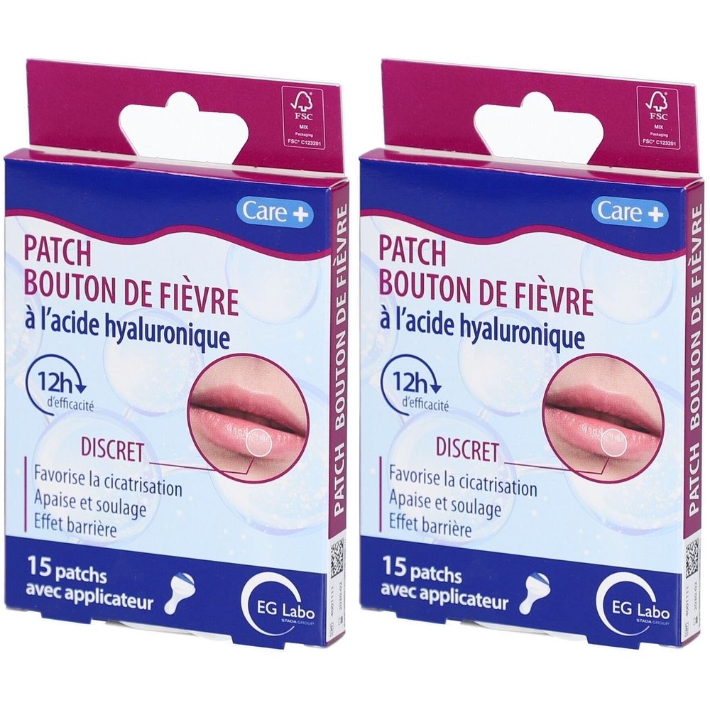 Deux boîtes de patchs pour boutons de fièvre. Emballage bleu et blanc avec nom du produit et illustration de lèvre. 15 patchs avec applicateur.