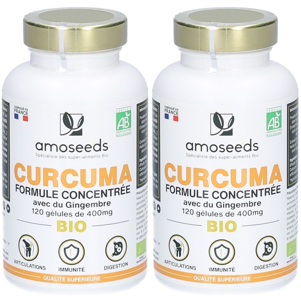 Deux flacons blancs avec bouchons dorés. Inscription: CURCUMA FORMULE CONCENTRÉE, 120 gélules. Certification Bio.