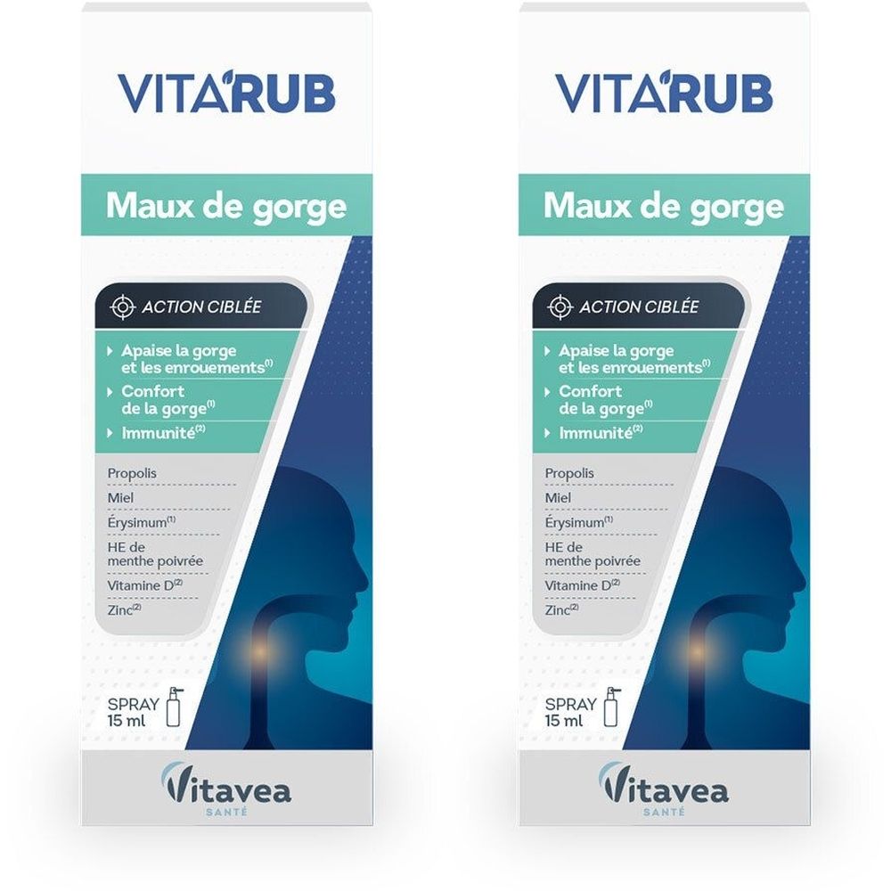 Deux boîtes de VITA'RUB. Inscription: Maux de gorge. Contient spray, 15 ml. Marque: Vitavea.
