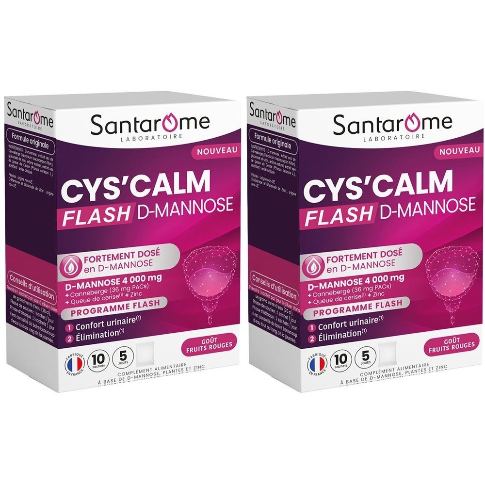 Deux boîtes de SANTAROME CYS'CALM. Inscription: CYS'CALM FLASH D-MANNOSE. Contient 10 et 5 sachets. Goût fruits rouges.
