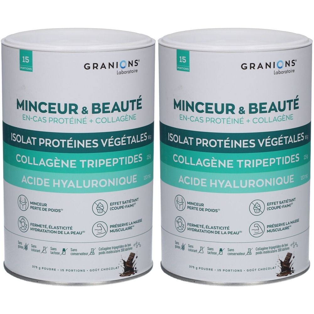 Deux boîtes cylindriques blanches. Inscription: MINCEUR & BEAUTÉ, GRANIONS. Contient protéines, collagène, acide hyaluronique. 15 portions.